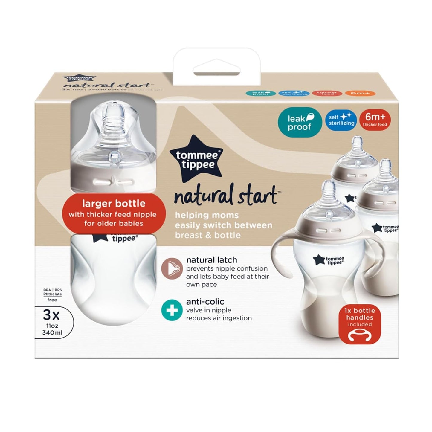 Tommee Tippee Baby Bottles, Natural Start Anti-Colic Baby Bottle with Thicker Feed Breast-Like Nipple, 11oz, 6 Months+, Self-Sterilizing, Baby Feeding Essentials, 3 Pack